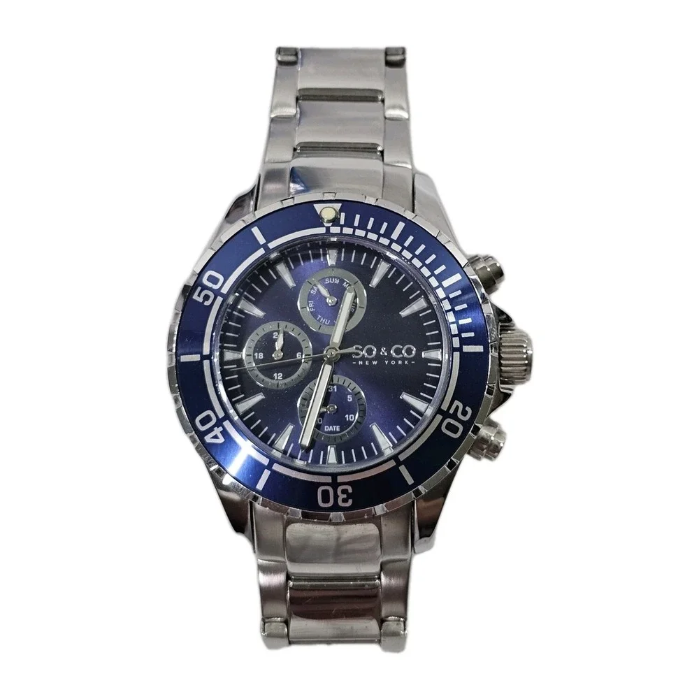 SO&CO Quartz Watch Men 100m Screwdown Crown Rotating Bezel Blue Need New Battery